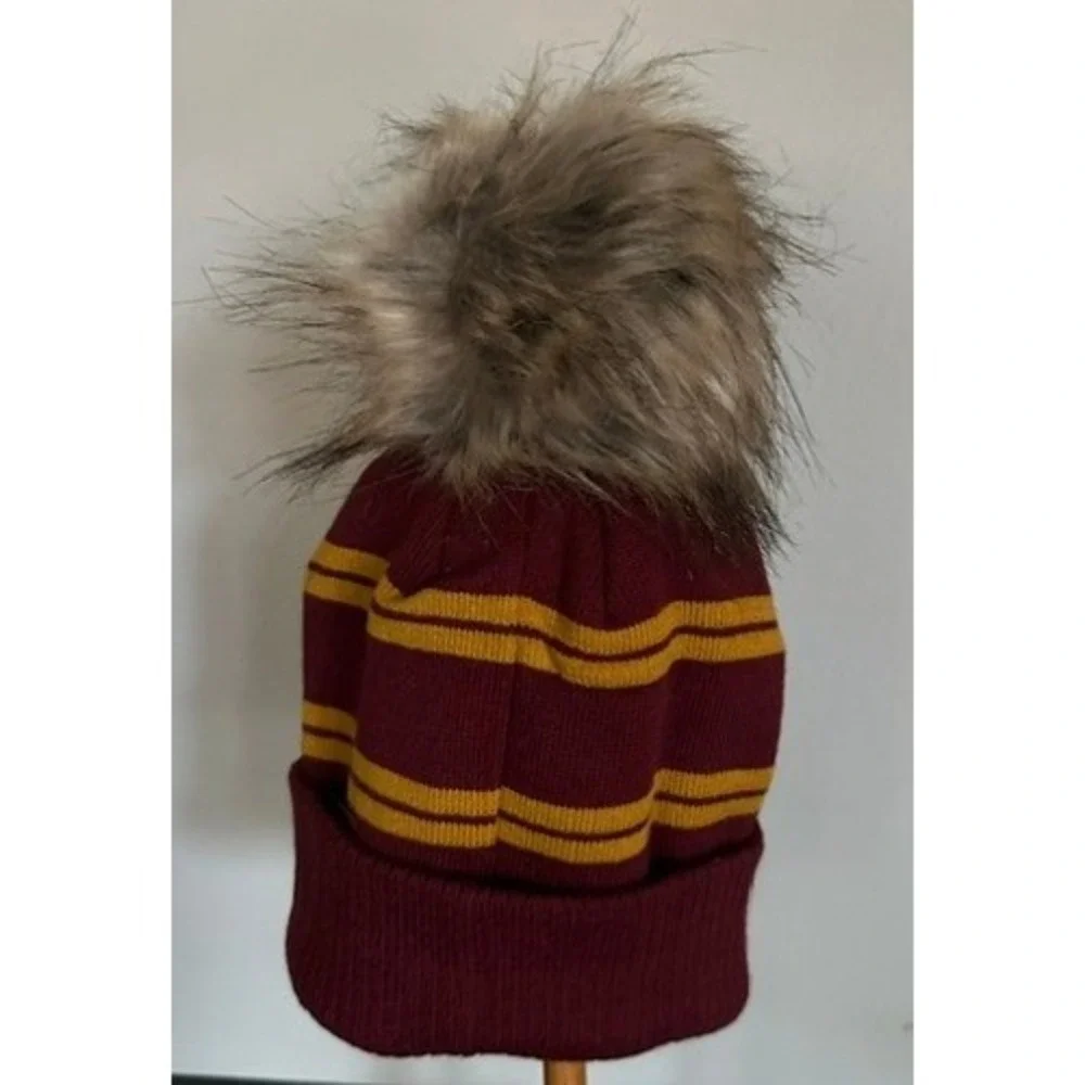 Midwest Knit Beanie Burgundy Gold Pom Pom Cuffed Winter Hat Crown Patch